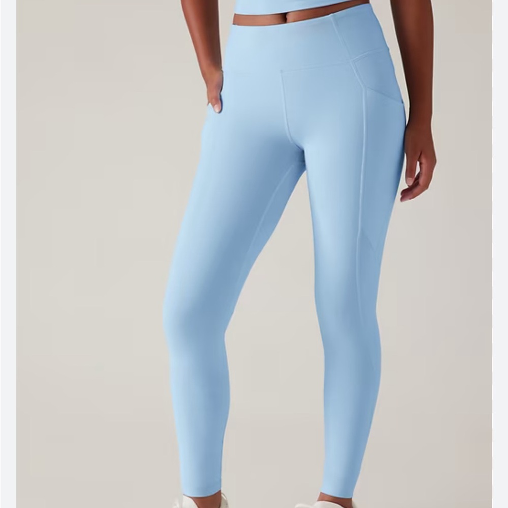 NWT, ATHLETA GIRL HIGH RISE STASH YOUR TREASURES Mist Blue Leggings